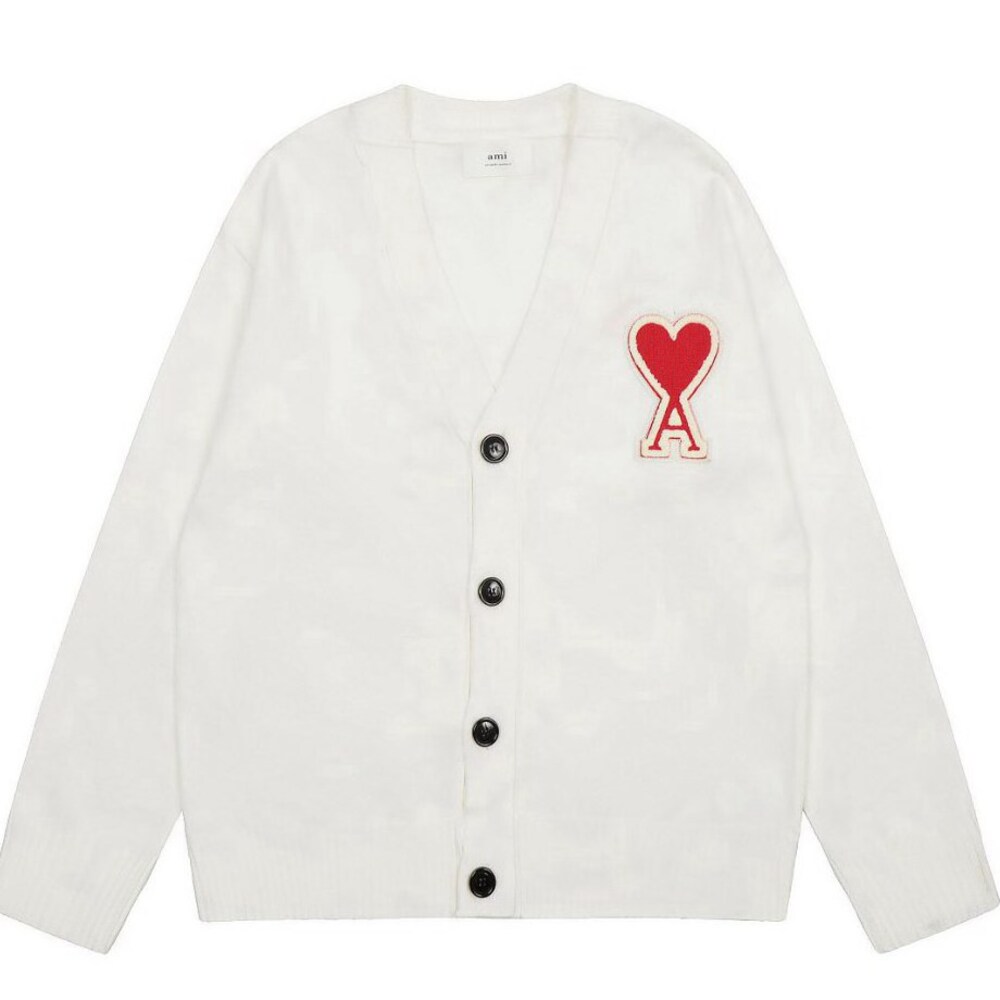 AMI de Coeur White Red Heart‑A Patch Unisex Button Cardigan